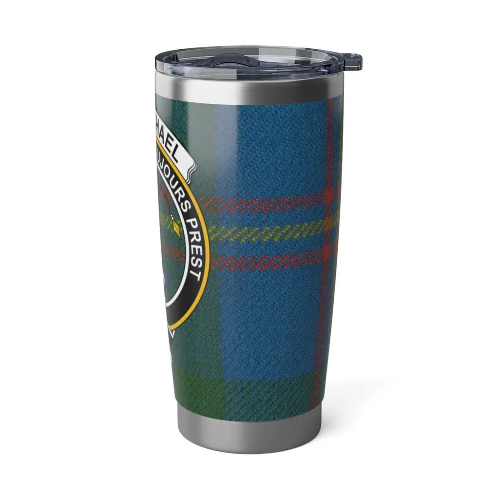 Carmichael clan crest tartan insulated tumbler cup — lifestyle view