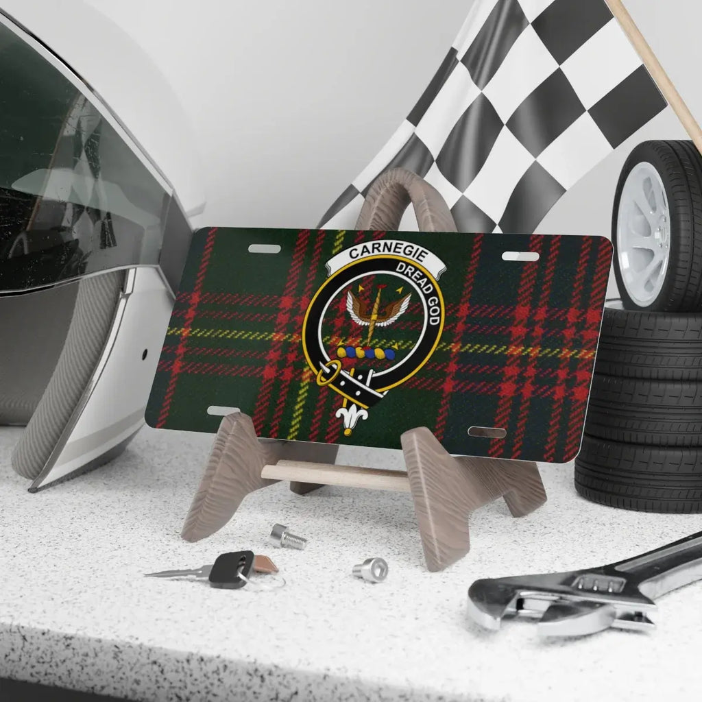 Clan Carnegie dread god tartan crest license plate — 100% aluminium, 12x6 inch