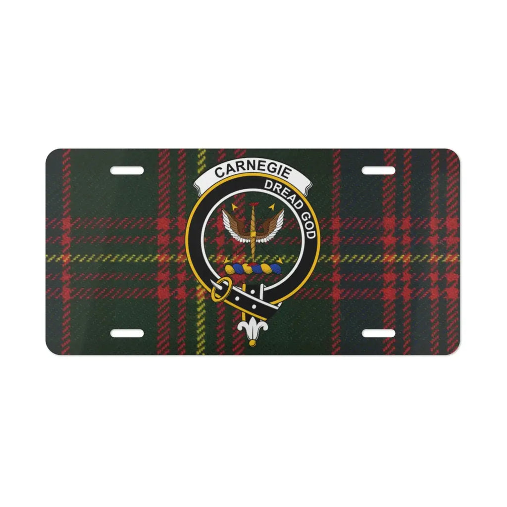 Carnegie clan dread god tartan plaid license plate — Scottish heritage design