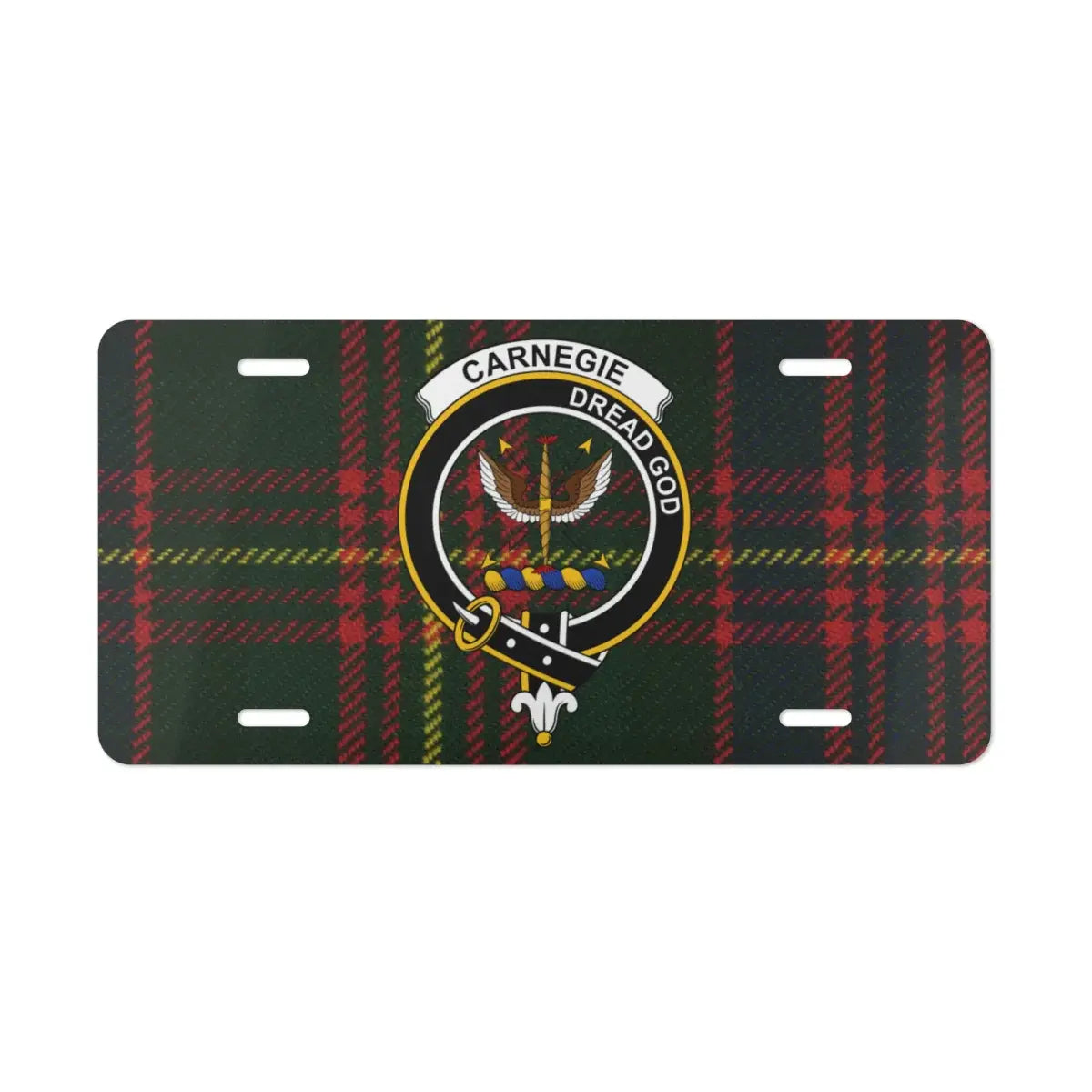 Carnegie clan dread god tartan plaid license plate — Scottish heritage design