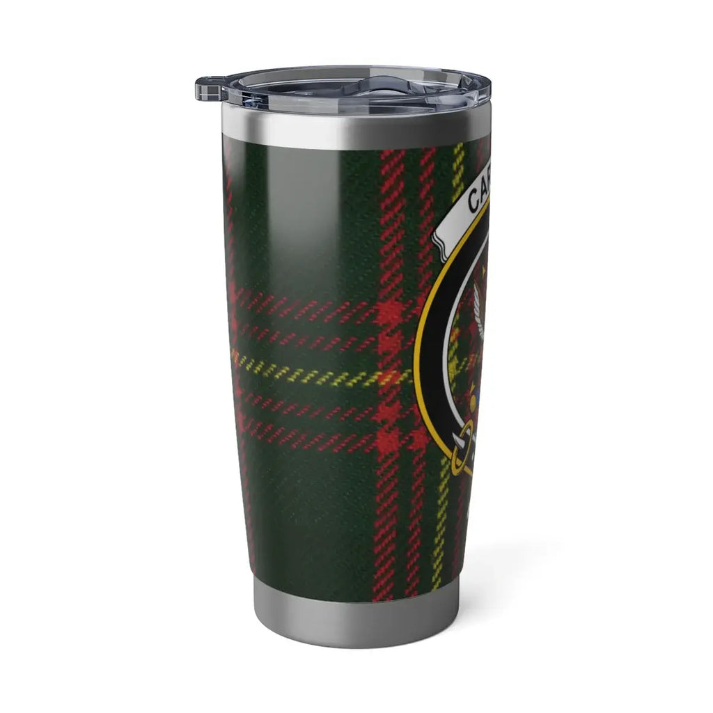 Carnegie clan crest tartan travel tumbler — fits car cup holder, daily use