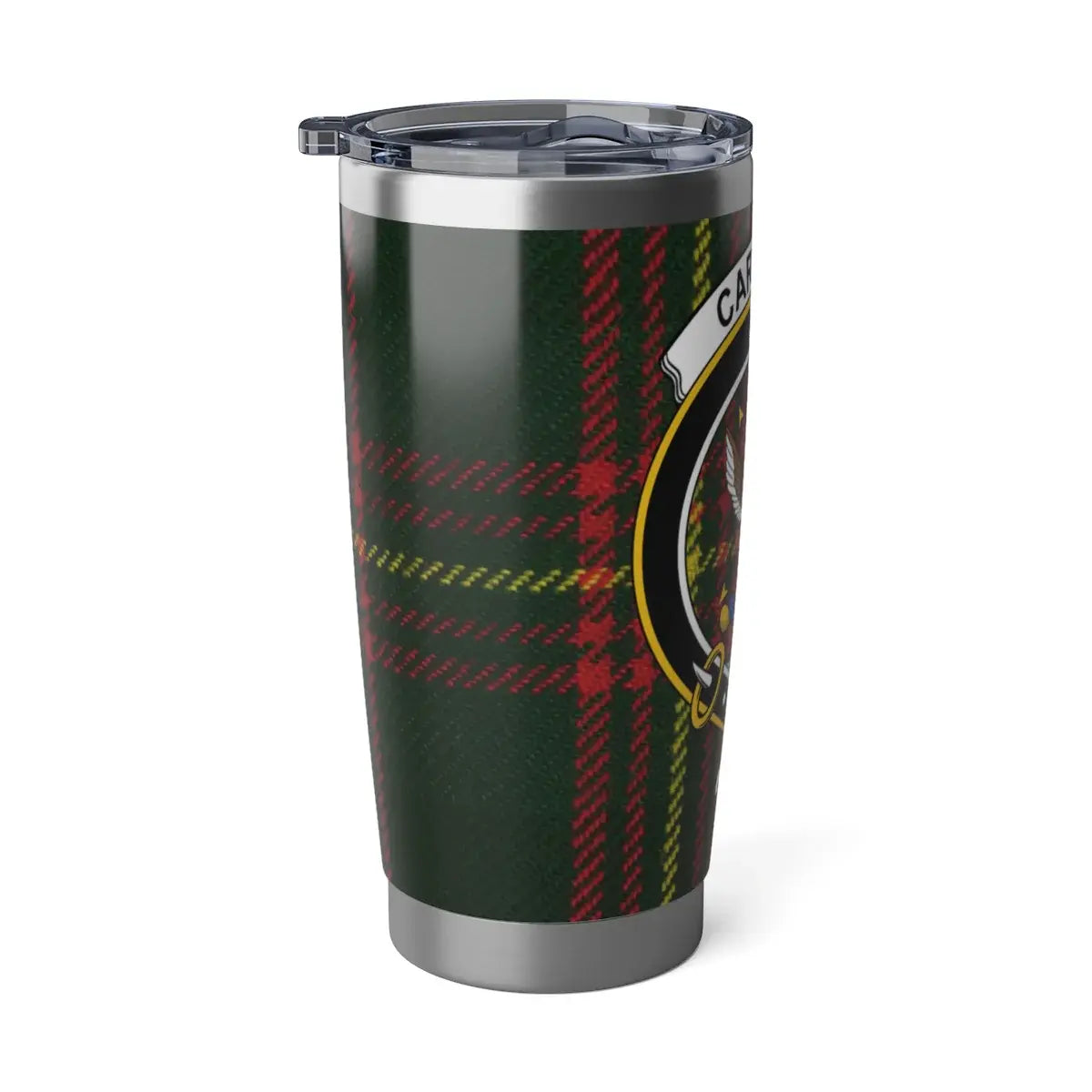 Carnegie clan crest tartan travel tumbler — fits car cup holder, daily use
