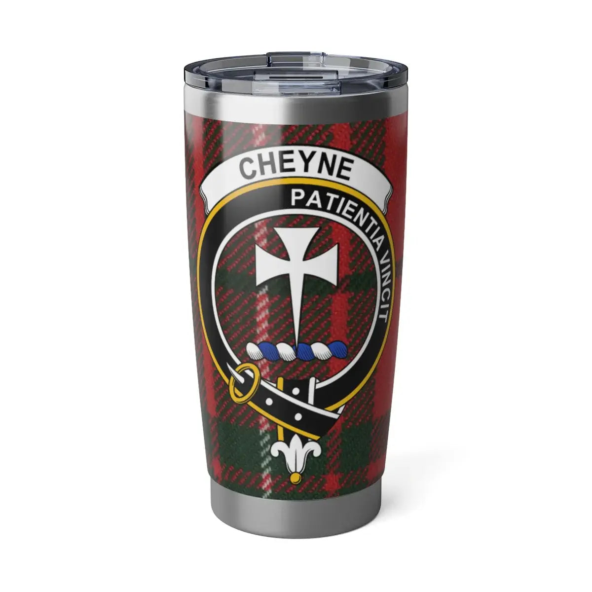 Cheyne Clan Crest Tumbler with Tartan Background