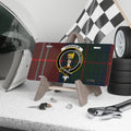Chisholm clan crest novelty license plate — 12x6 aluminium with green-red tartan and Feros Ferio