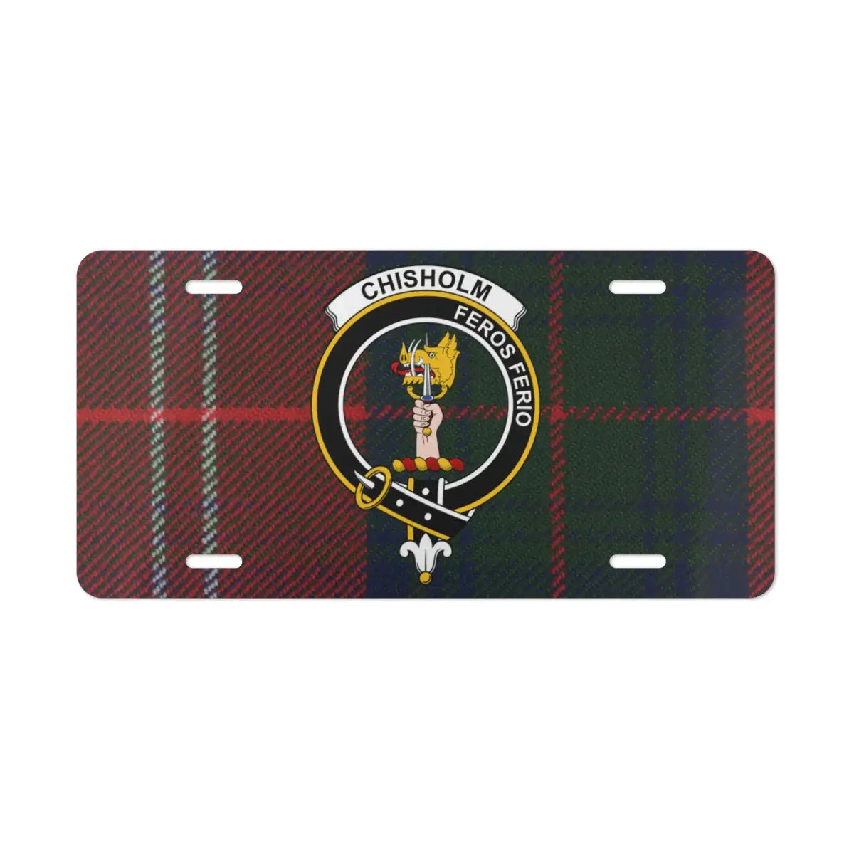Chisholm clan crest novelty plate — heraldic tartan design with Feros Ferio motto on aluminium