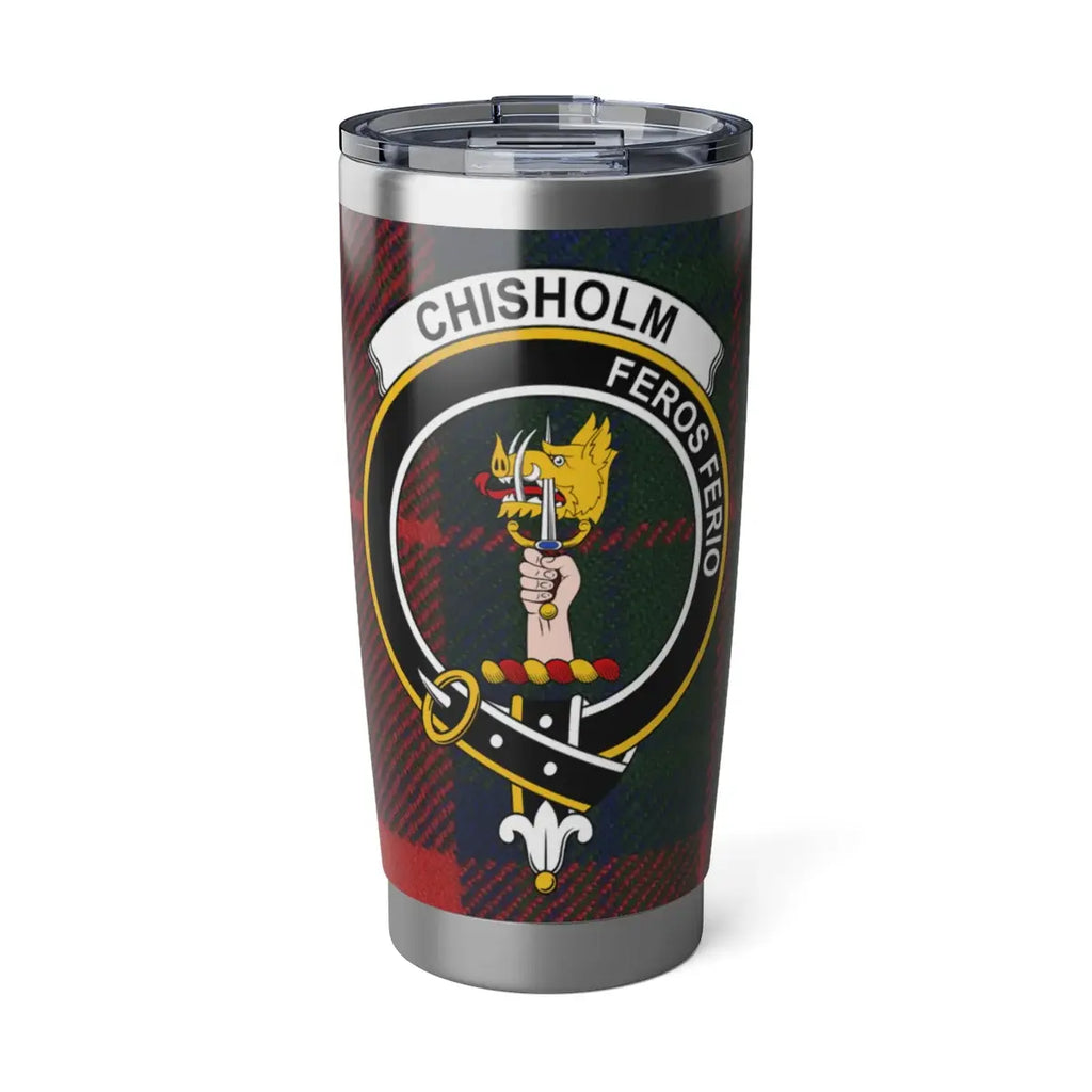 Chisholm clan tartan 20oz tumbler in silver — stainless steel with green-red crest and Feros Ferio