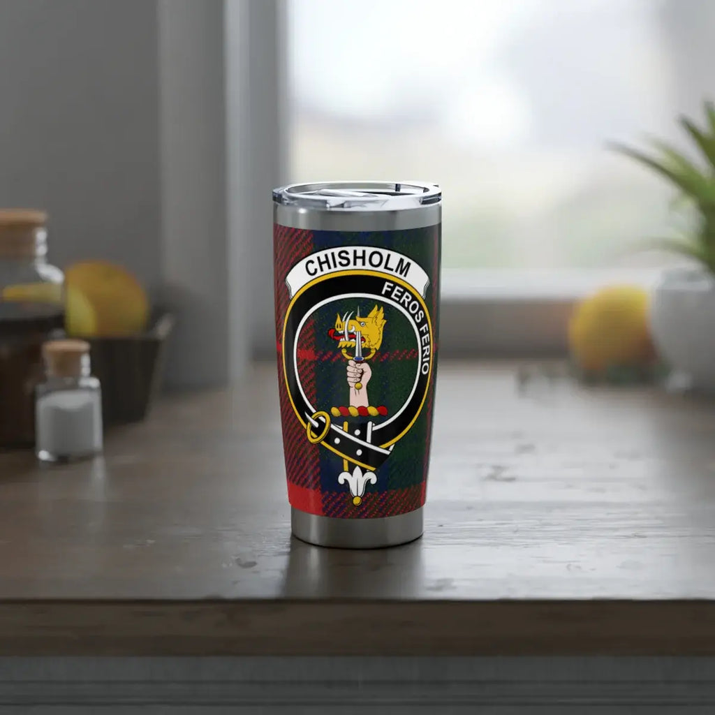 Chisholm Feros Ferio tartan tumbler — double-wall stainless steel, clan crest wrap design