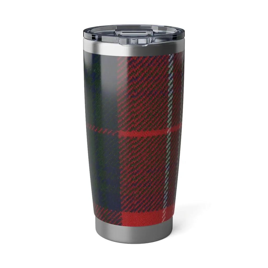 Chisholm clan crest tumbler in hand — green-red tartan wrap on 20oz insulated steel