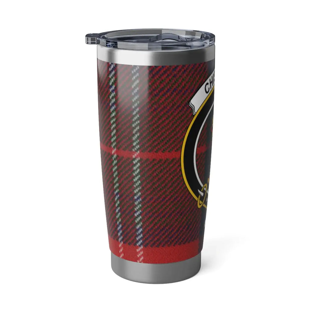 Chisholm tartan travel tumbler side view — heraldic shield design on 20oz stainless steel