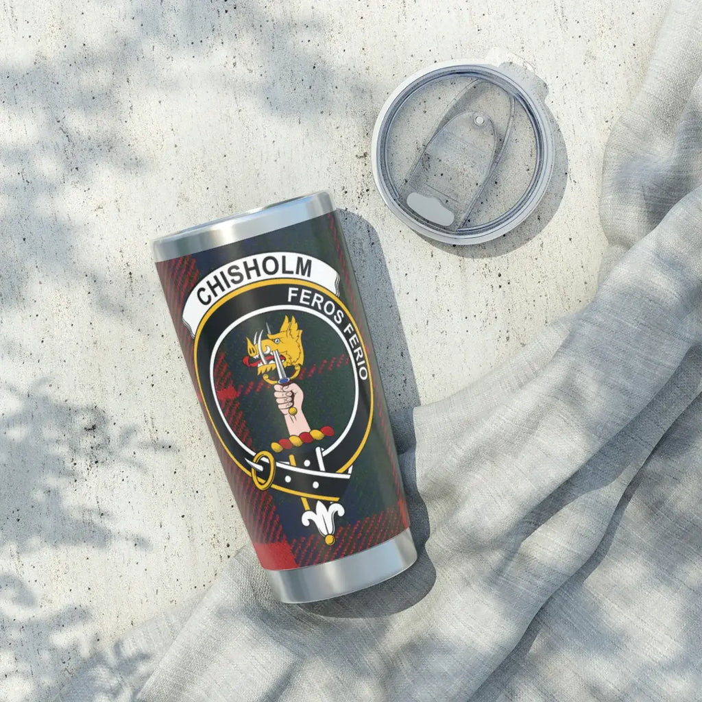 Chisholm clan crest insulated tumbler — 20oz silver stainless steel, full tartan wrap