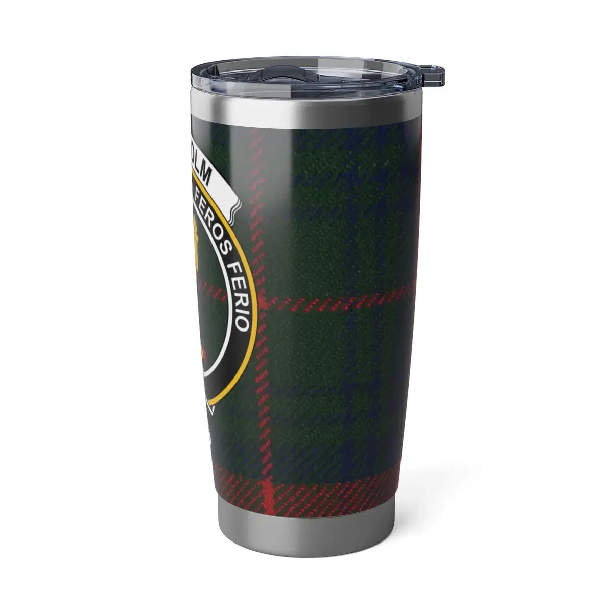 Chisholm clan tartan tumbler flat lay — 20oz silver showing full Feros Ferio crest design
