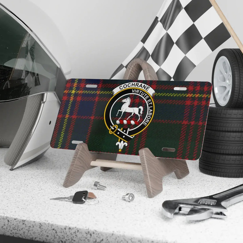 Clan Cochrane virtute et labore horse crest tartan license plate — 100% aluminium, 12x6 inch