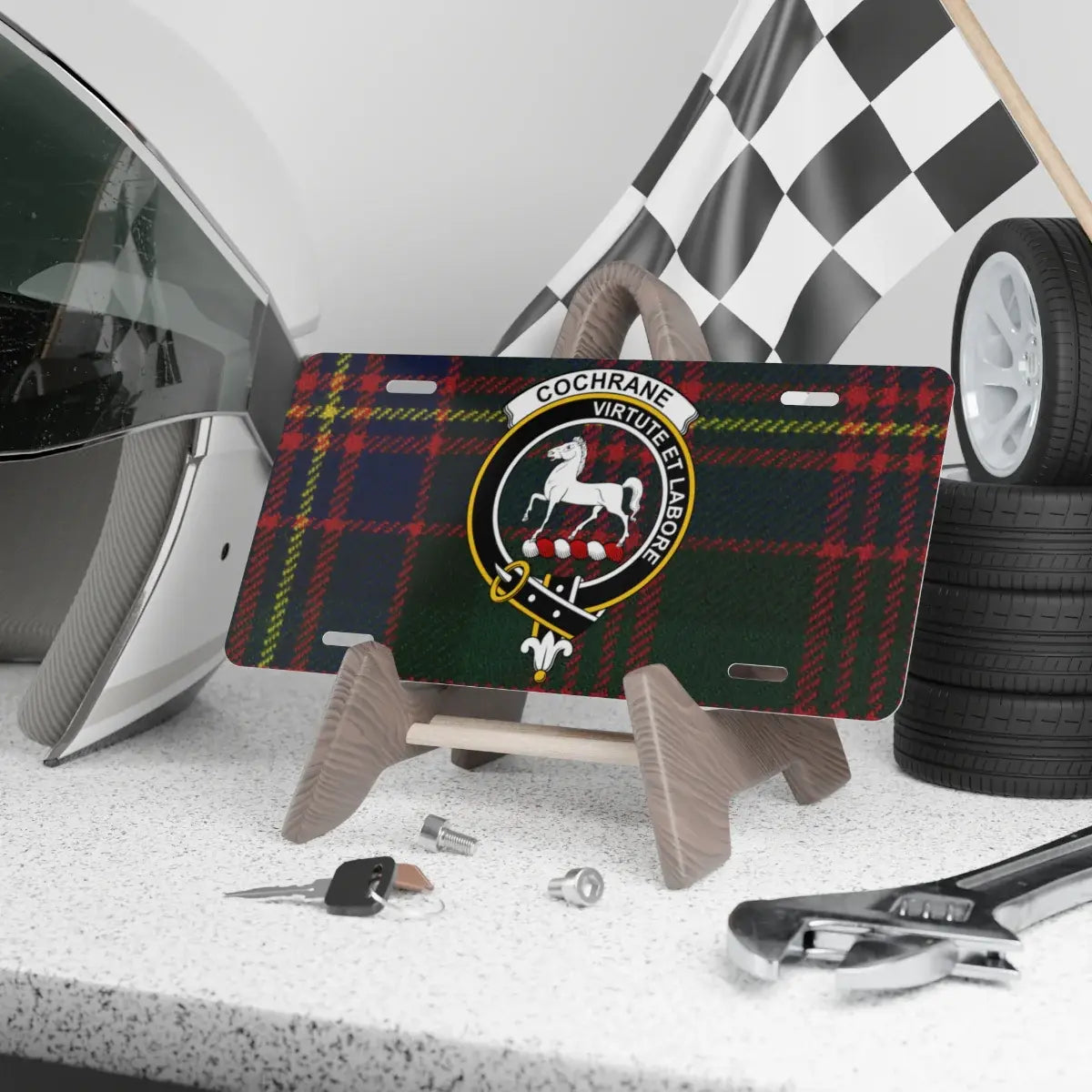 Clan Cochrane virtute et labore horse crest tartan license plate — 100% aluminium, 12x6 inch