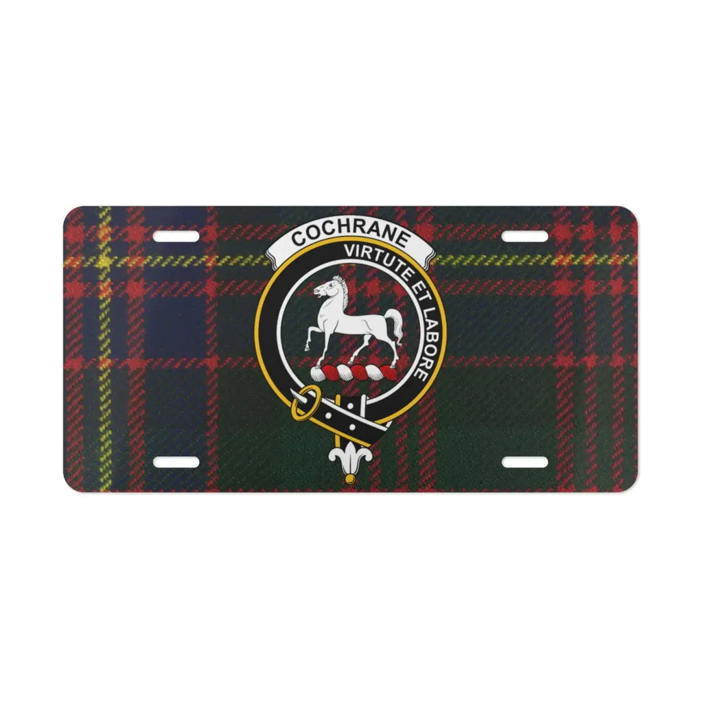 Cochrane clan virtute et labore tartan license plate — Scottish heritage design