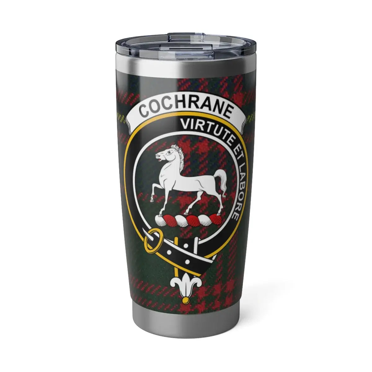 Clan Cochrane virtute et labore tartan travel tumbler — 20 oz insulated stainless steel