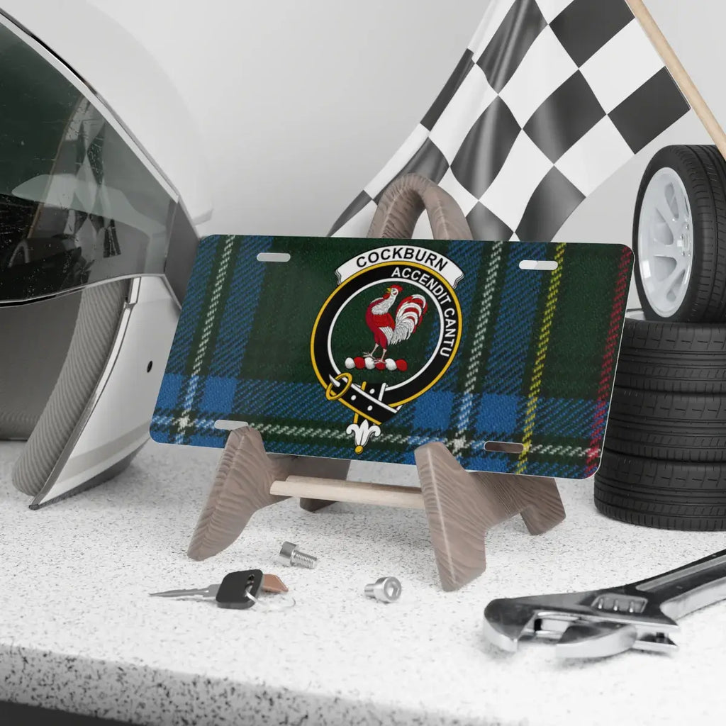 Clan Cockburn accendit cantu rooster crest tartan license plate — 100% aluminium, 12x6 inch