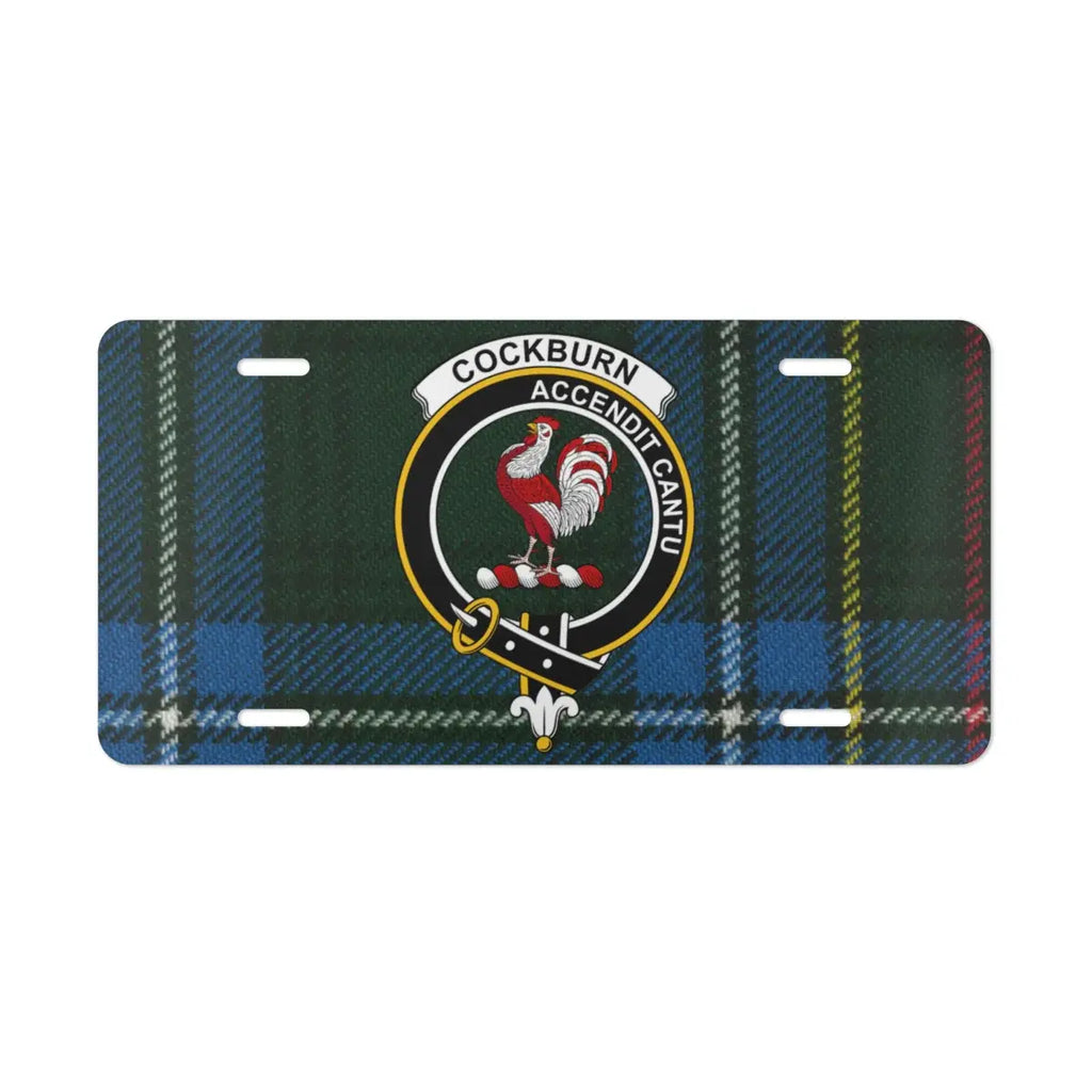 Cockburn clan Scottish crest tartan license plate — heritage design