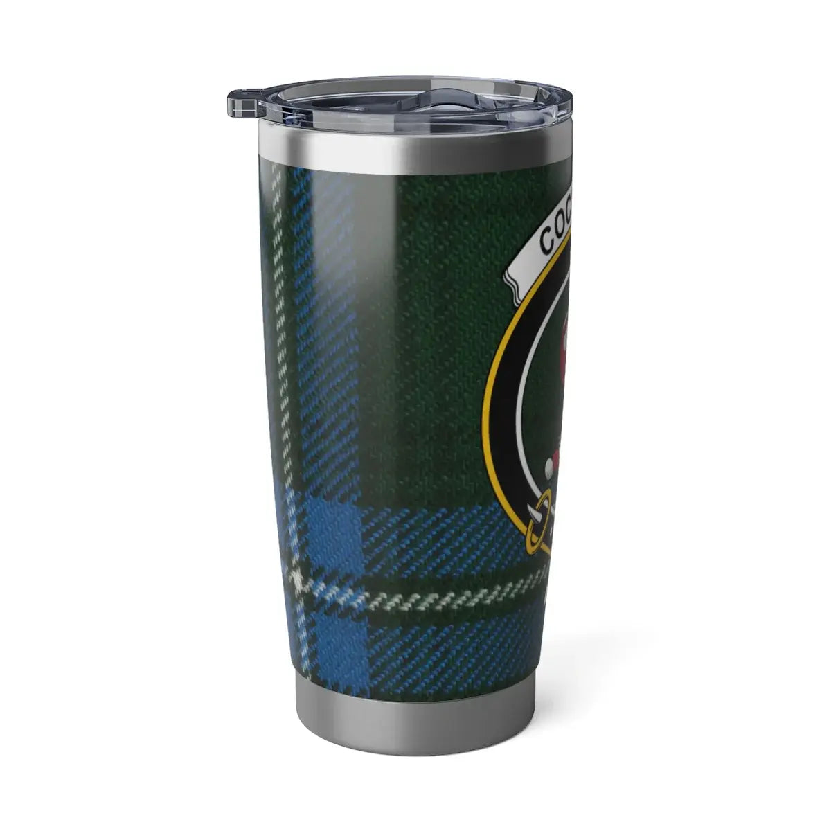 Cockburn clan green and blue plaid tartan travel tumbler — 20 oz stainless steel