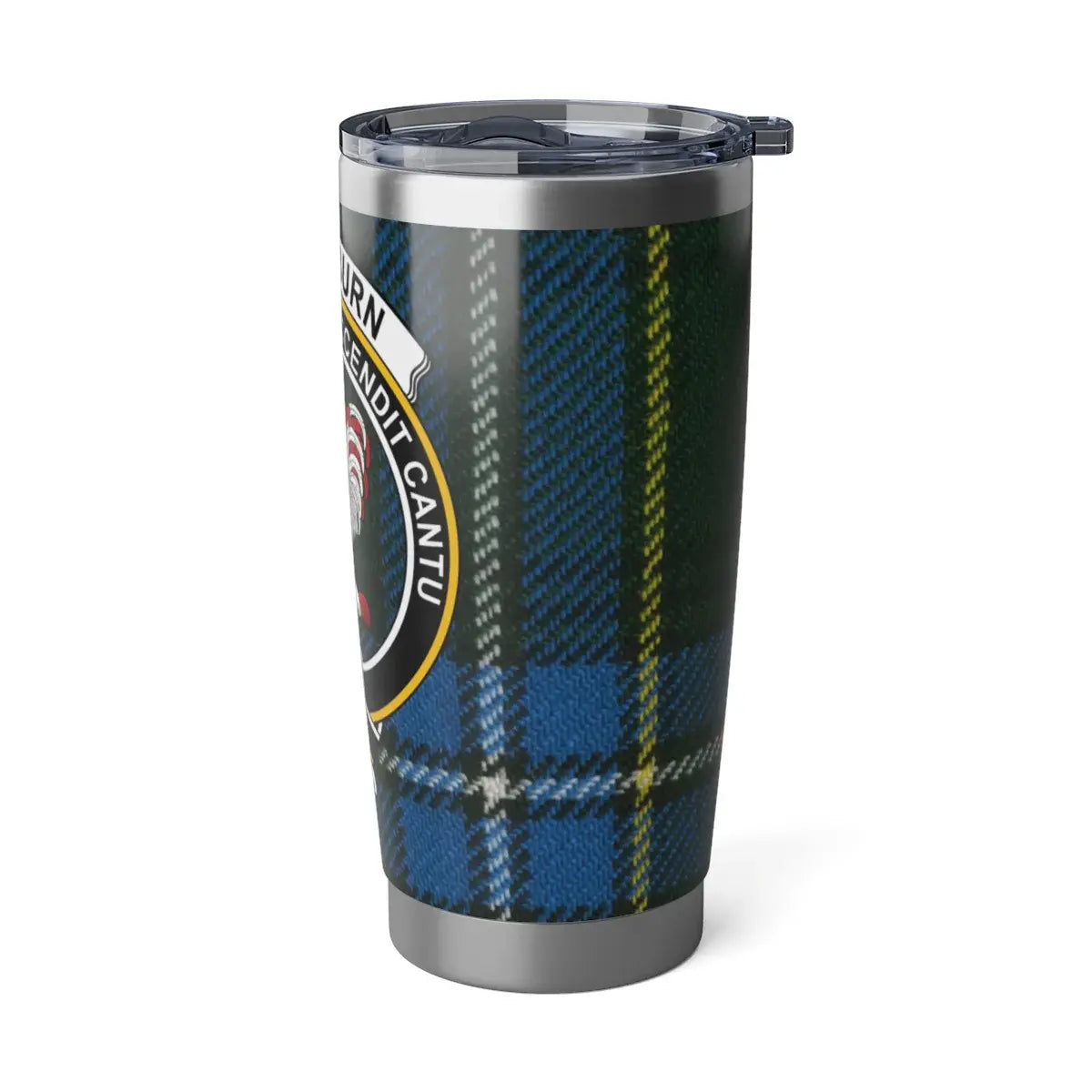 Cockburn clan vibrant tartan insulated steel tumbler — lifestyle view