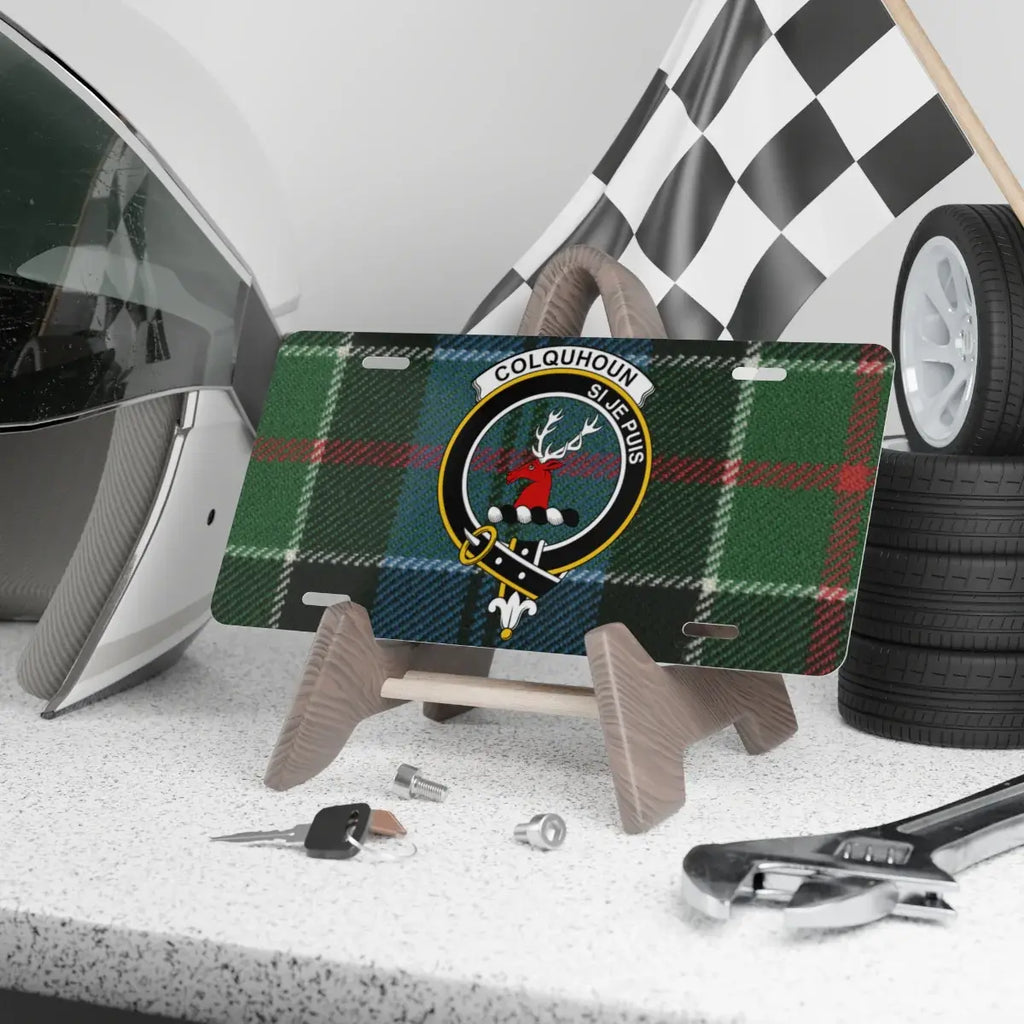 Colquhoun clan crest novelty license plate — 12x6 aluminium with tartan and stag heraldic design
