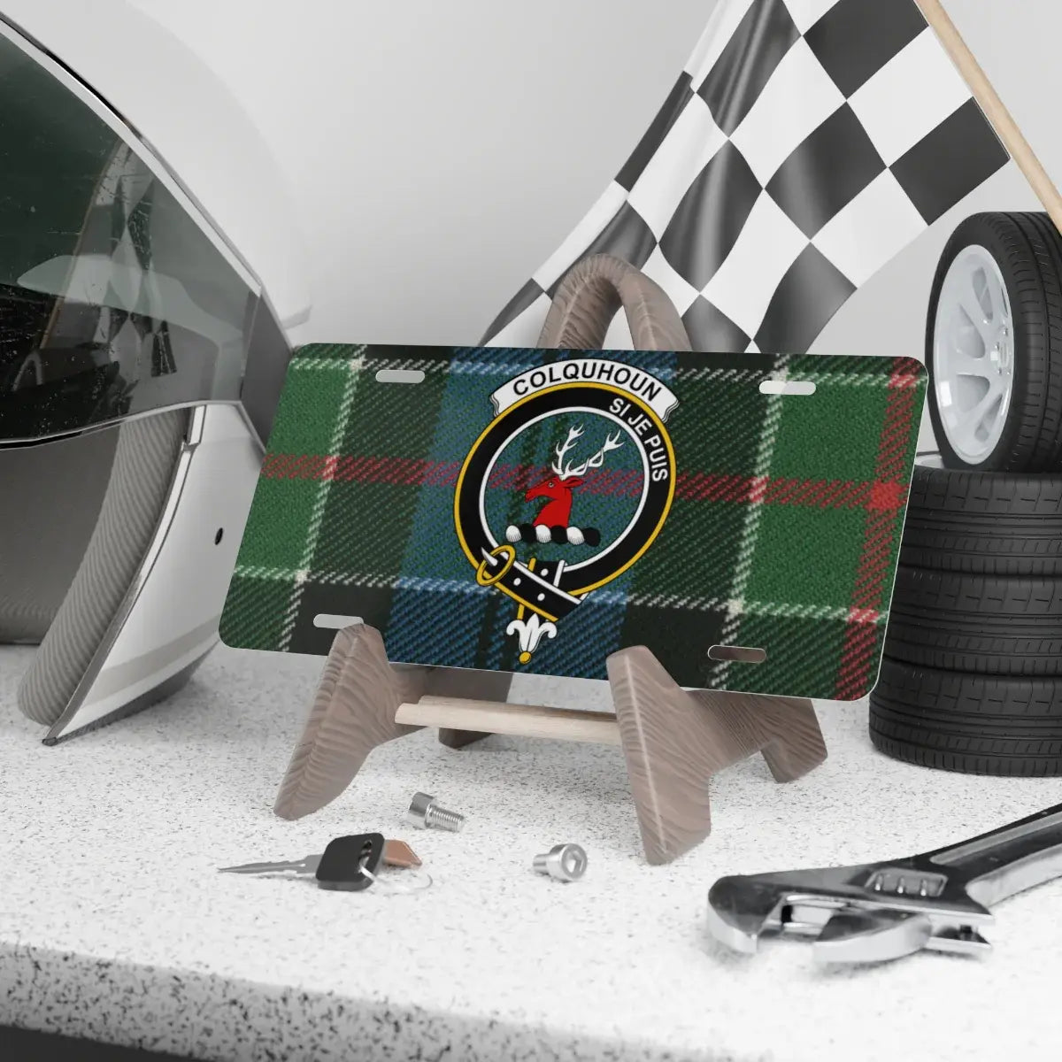 Colquhoun clan crest novelty license plate — 12x6 aluminium with tartan and stag heraldic design
