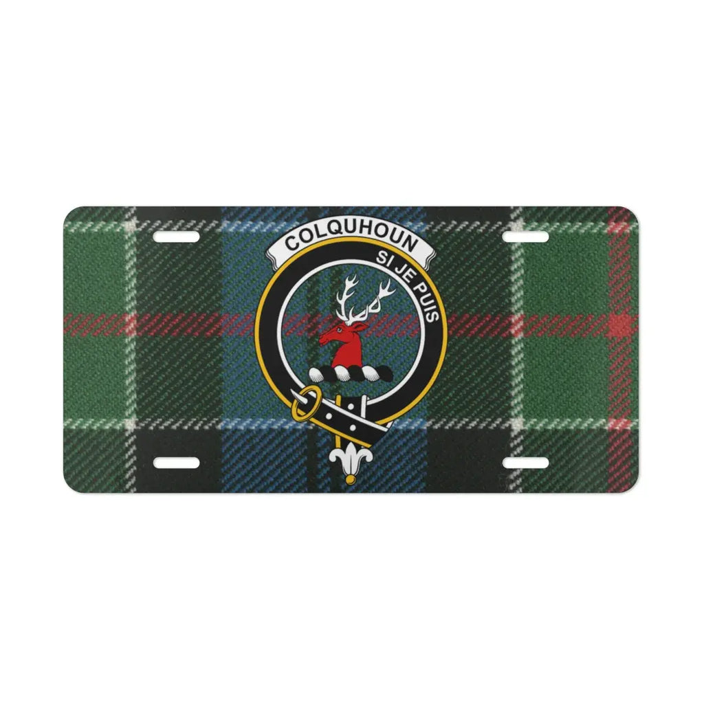 Colquhoun crest tartan novelty plate — Si Je Puis heraldic design on aluminium