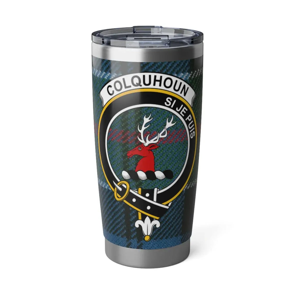 Colquhoun clan tartan 20oz tumbler in silver — stainless steel with stag crest and Si Je Puis