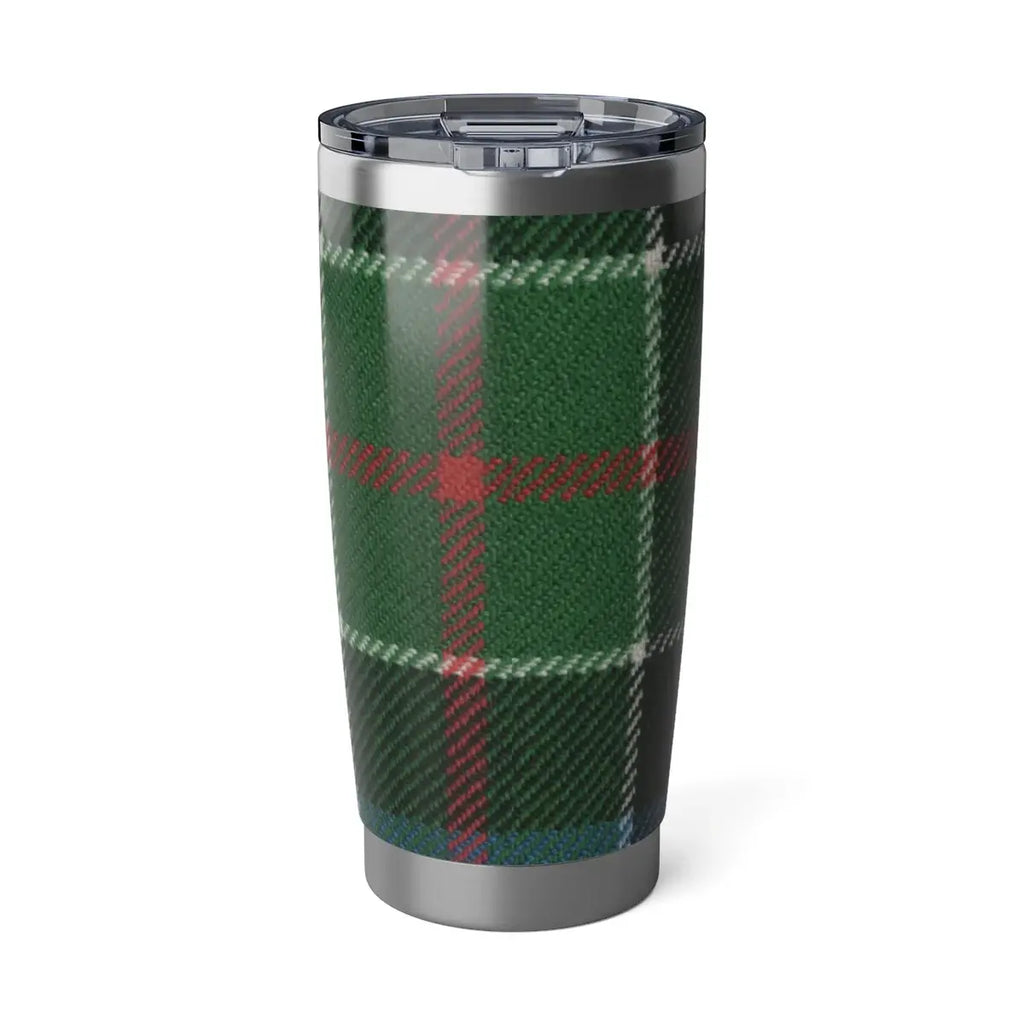 Colquhoun tartan tumbler in hand — green plaid clan crest on 20oz insulated steel