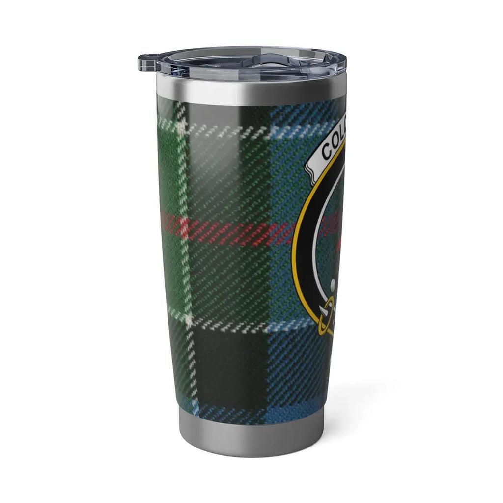 Colquhoun Scottish clan crest tartan travel tumbler — stag design on 20oz stainless steel