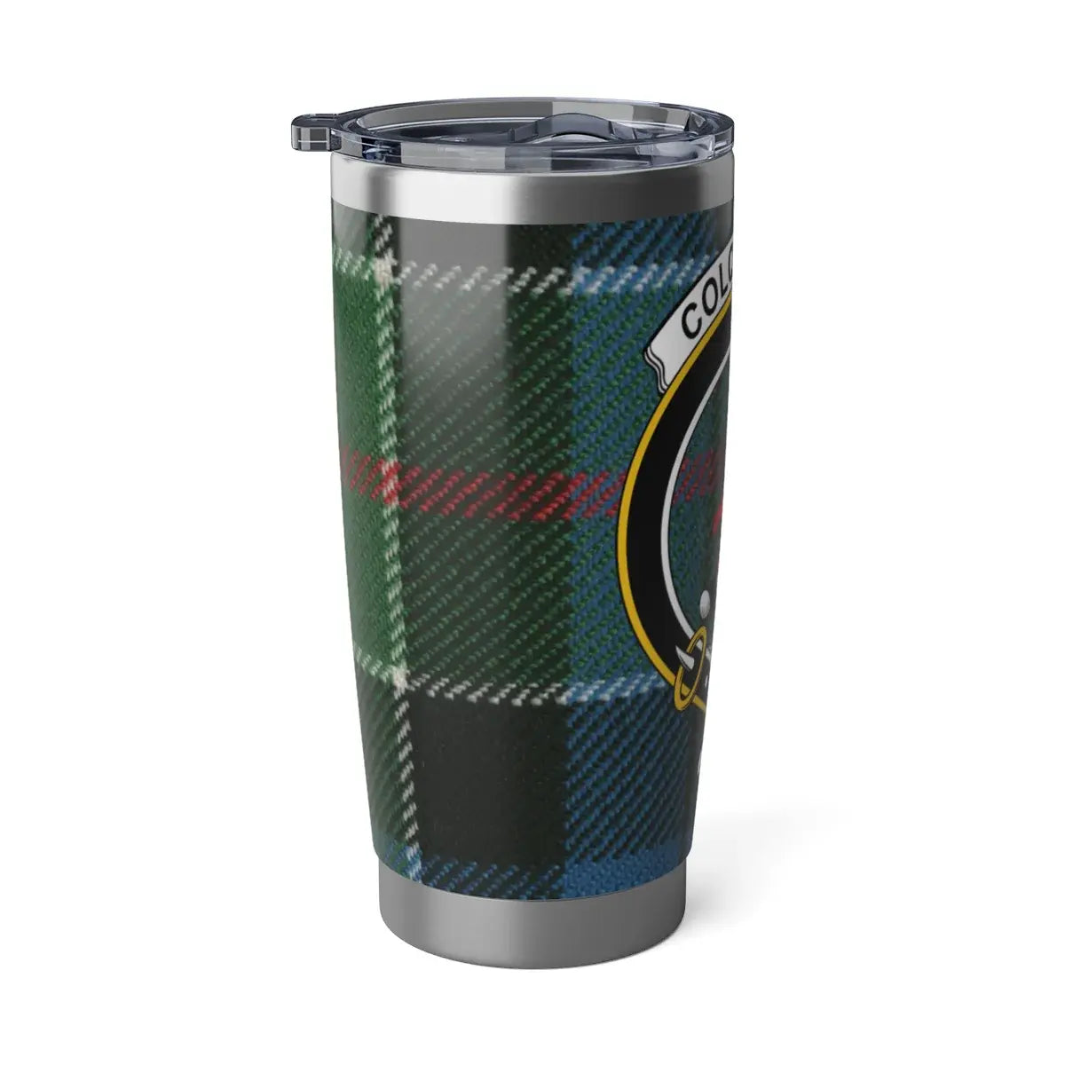 Colquhoun Scottish clan crest tartan travel tumbler — stag design on 20oz stainless steel