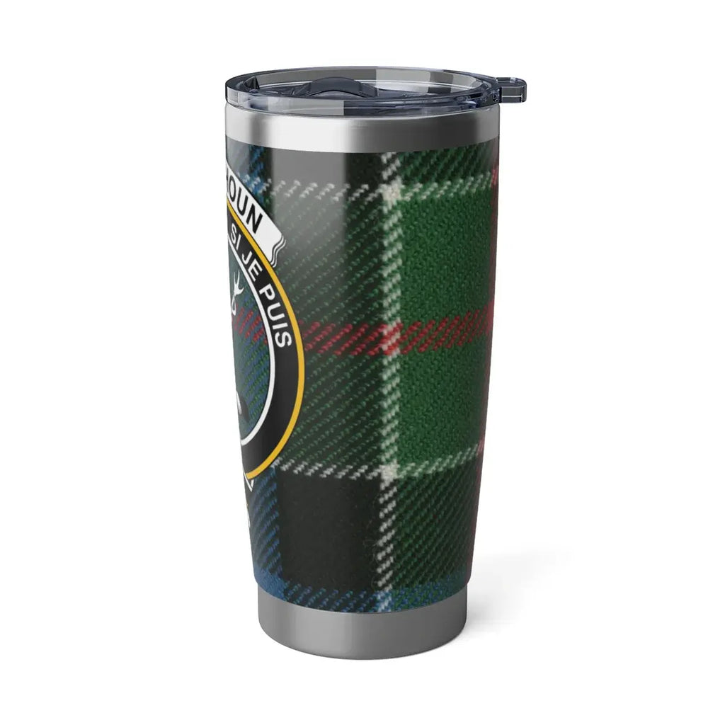 Colquhoun clan tartan tumbler flat lay — 20oz silver showing full clan crest and plaid design