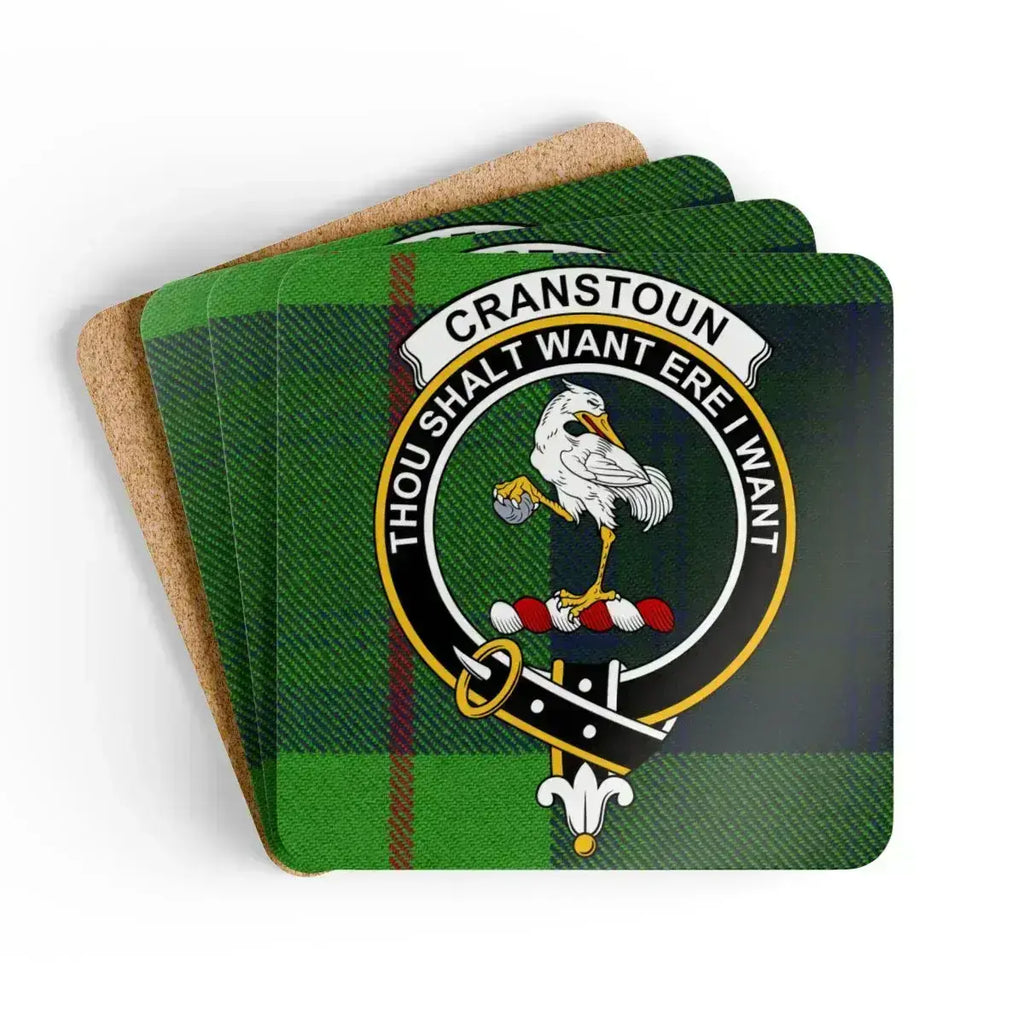 Clan Cranstoun tartan coaster set — square cork, full-colour crest print, top view