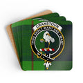Clan Cranstoun tartan coaster set — square cork, full-colour crest print, top view