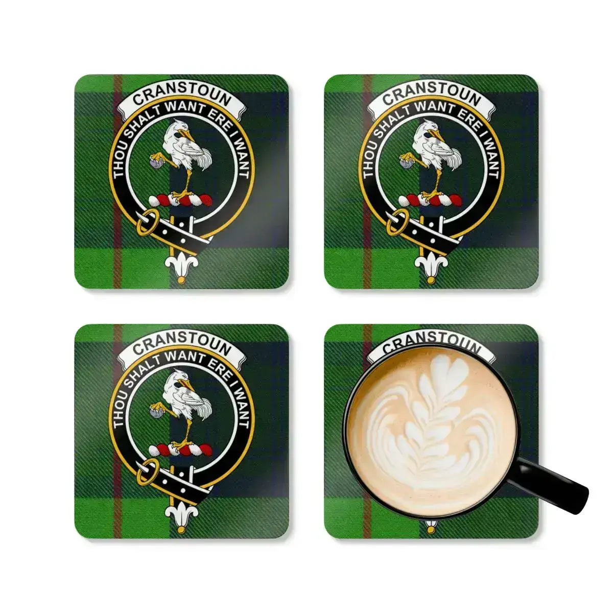 Cranstoun Scottish clan crest coasters — glossy finish showing tartan and motto detail