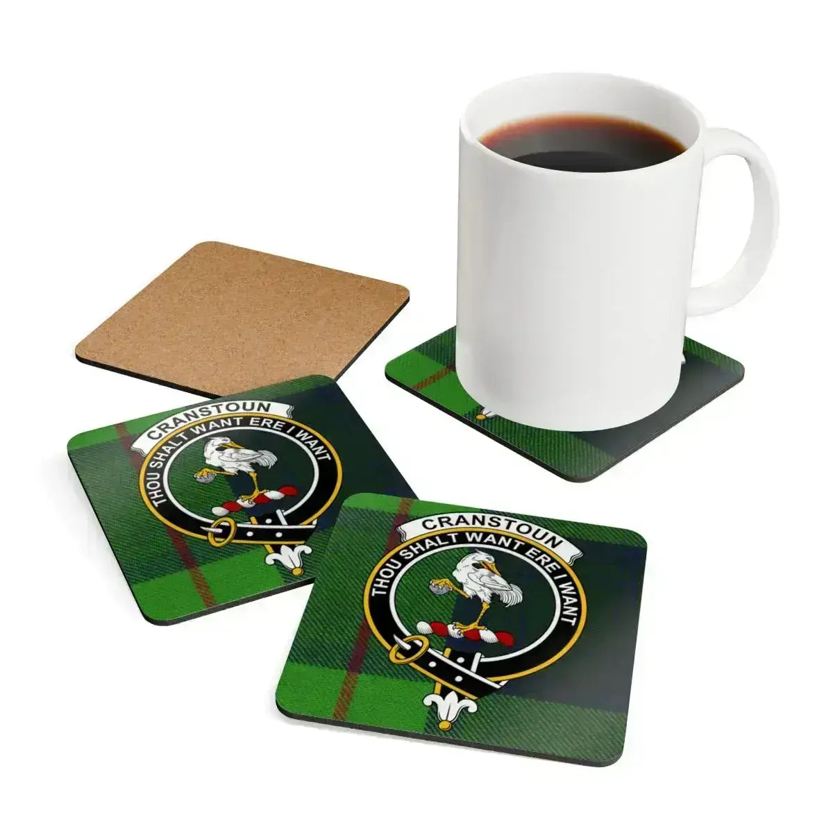 Clan Cranstoun cork coaster close-up — crest design, 3.75 inch square