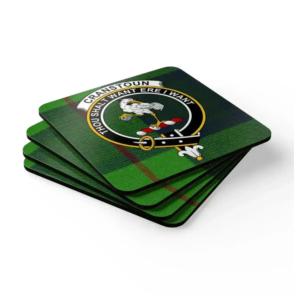 Cranstoun coaster set angled view — natural cork base, full-colour tartan print