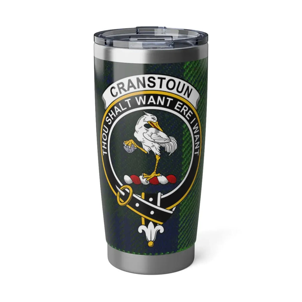 Clan Cranstoun tartan 20oz stainless steel tumbler — full-colour crest print, silver finish