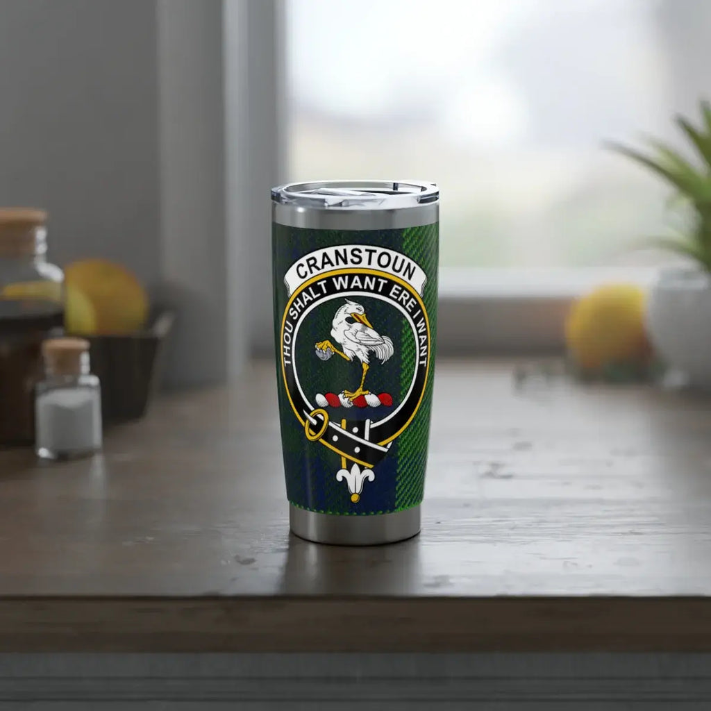 Cranstoun clan crest insulated tumbler — side view showing tartan and motto detail