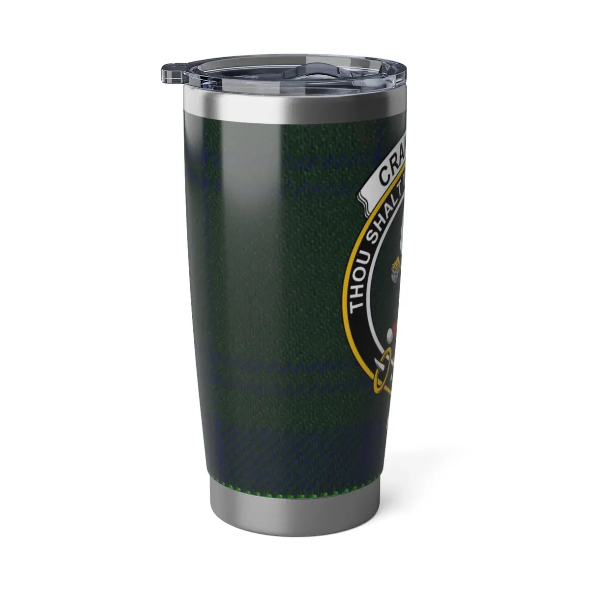 Cranstoun Scottish tartan tumbler — angled view, spill-resistant lid, cup holder size