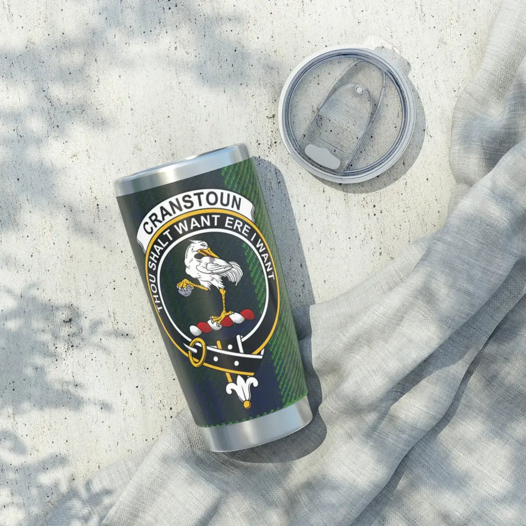 Clan Cranstoun tumbler close-up — crest and motto Thou Shalt Want Ere I Want on stainless steel