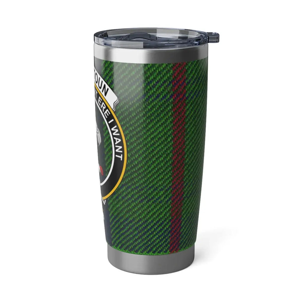 Cranstoun clan tartan tumbler lifestyle shot — 20oz steel, commuter desk setting