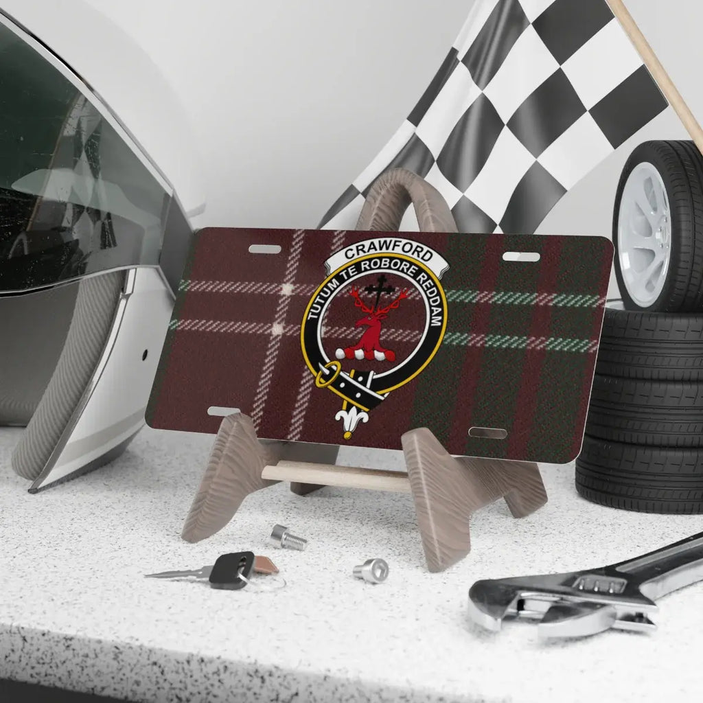 Crawford clan crest novelty license plate — 12x6 aluminium with red-green tartan and Tutum Te Robore Reddam