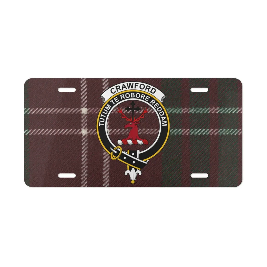 Crawford clan crest novelty plate — stag heraldic design with Strength motto on aluminium