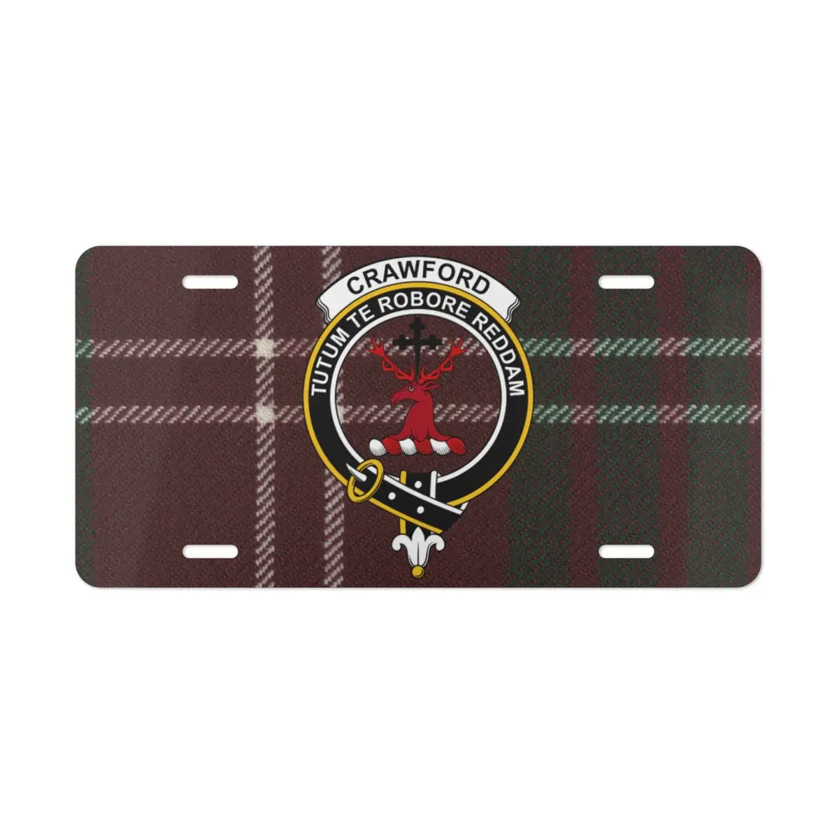 Crawford clan crest novelty plate — stag heraldic design with Strength motto on aluminium