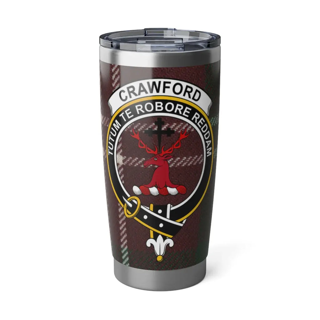 Crawford clan tartan 20oz tumbler in silver — stainless steel with stag crest and Tutum te robore reddam