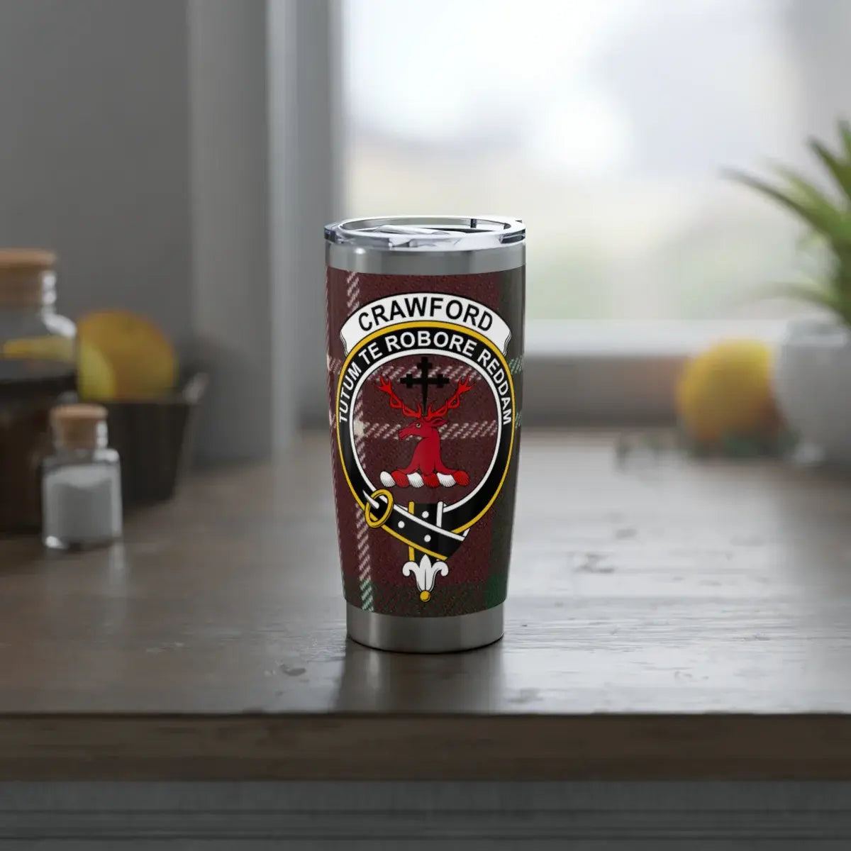 Crawford clan crest tumbler — double-wall stainless steel with tartan wrap and crest design