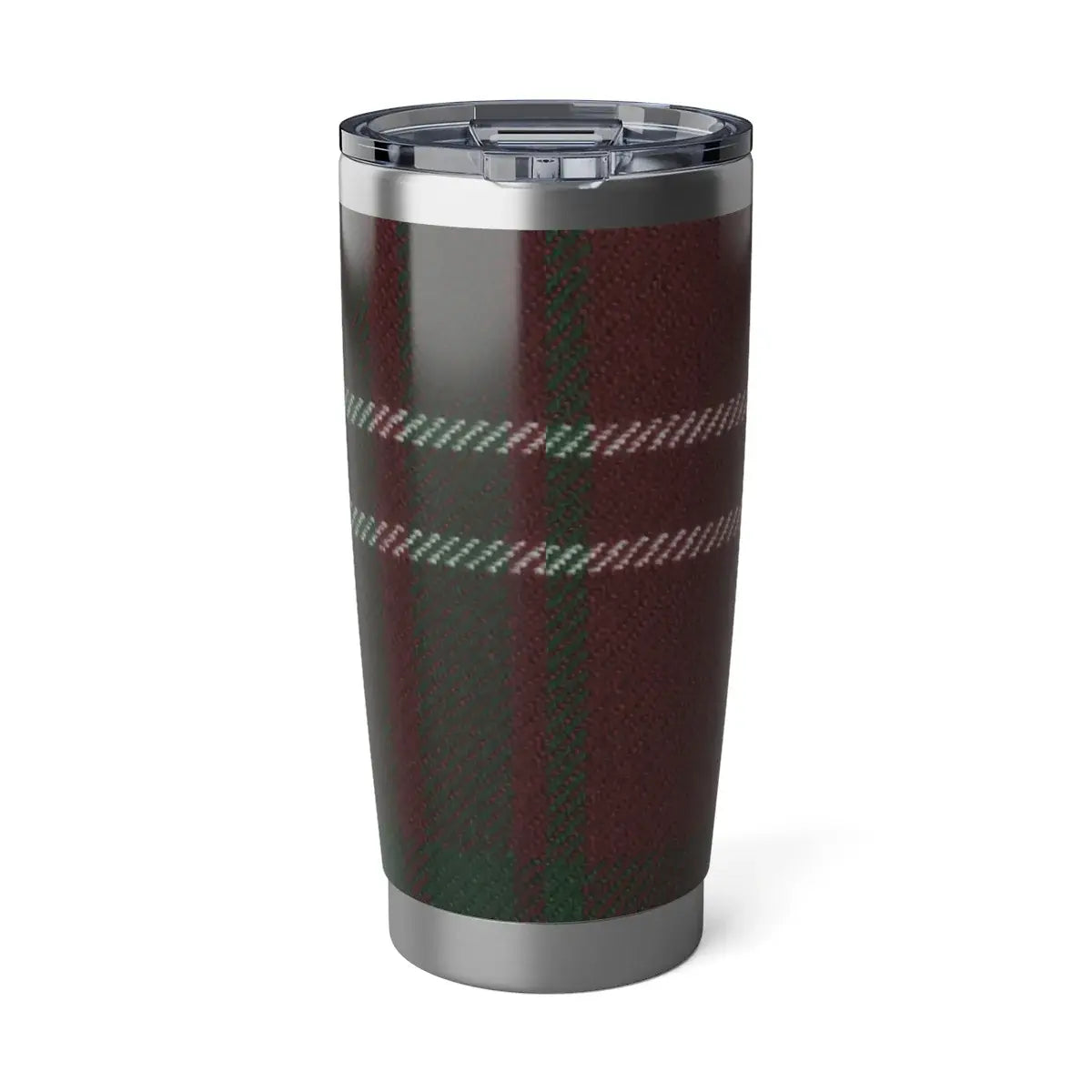 Crawford tartan tumbler side view — red-green plaid insulated 20oz stainless steel