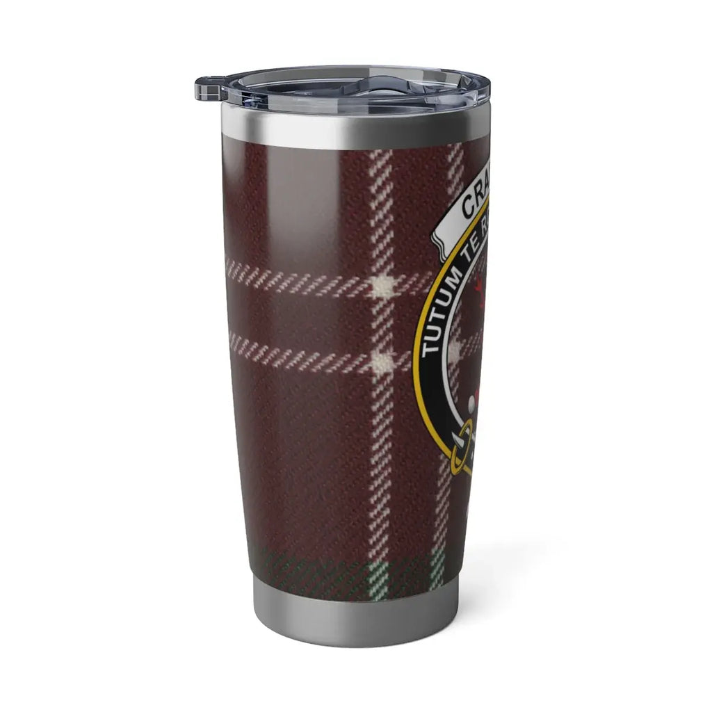 Crawford clan tartan travel tumbler — stag crest on 20oz stainless steel, fits cup holders