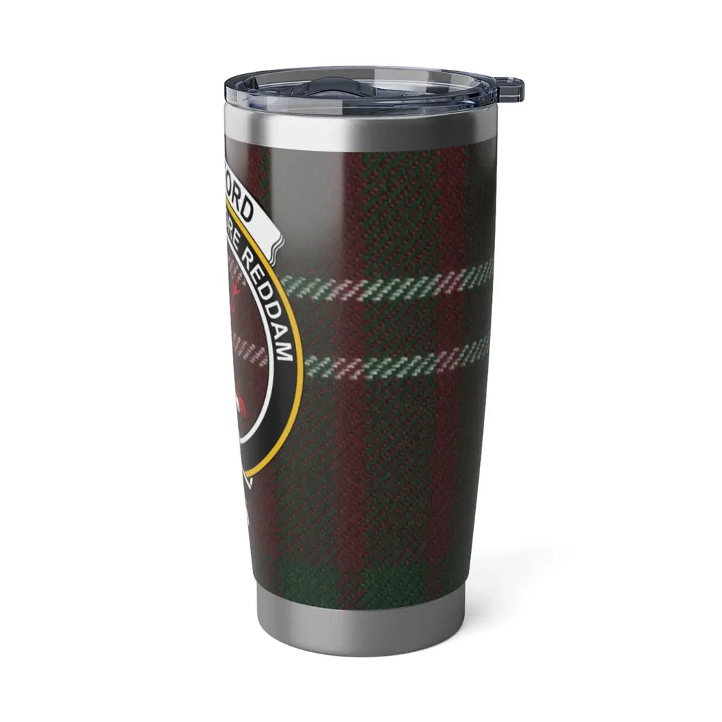 Crawford clan tartan tumbler flat lay — full stag crest and red-green plaid design visible