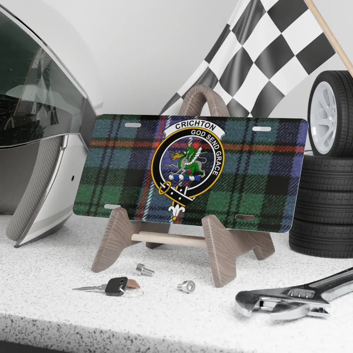 Clan Crichton tartan novelty license plate — 12x6 aluminium, dragon crest and motto God Send Grace